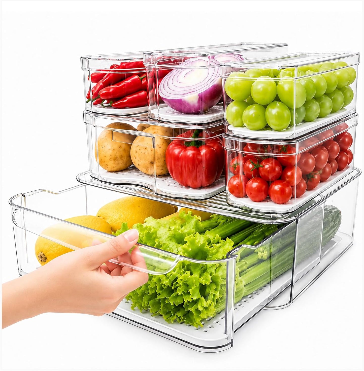 SMRCAD Clear Fridge Bins with Drain Trays - BPA-Free PET, Stackable(6 Pack) | 6 Pack: 1 Drawer + 5 lidded Bins, Helps Keep Produce Fresh, 16.3L Capacity, Hand Wash Only