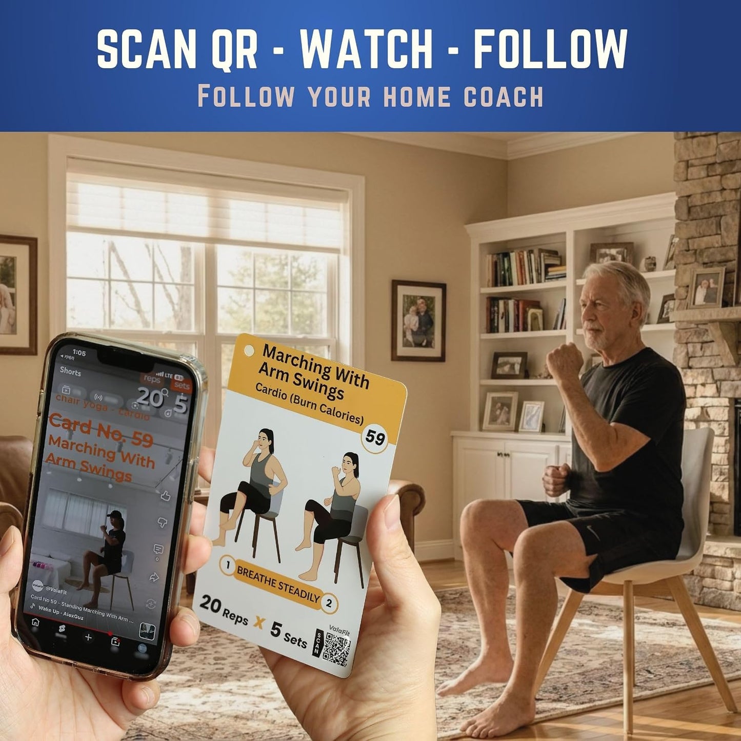 [All-in-One Kit] Chair Yoga for Seniors Over 60 | Cards + Bands + QR Videos | 71 Large Print Durable Cards • 6 Guided Flows • Build Mobility, Balance, Strength & Cardio • Gift for Parents & Grandparents