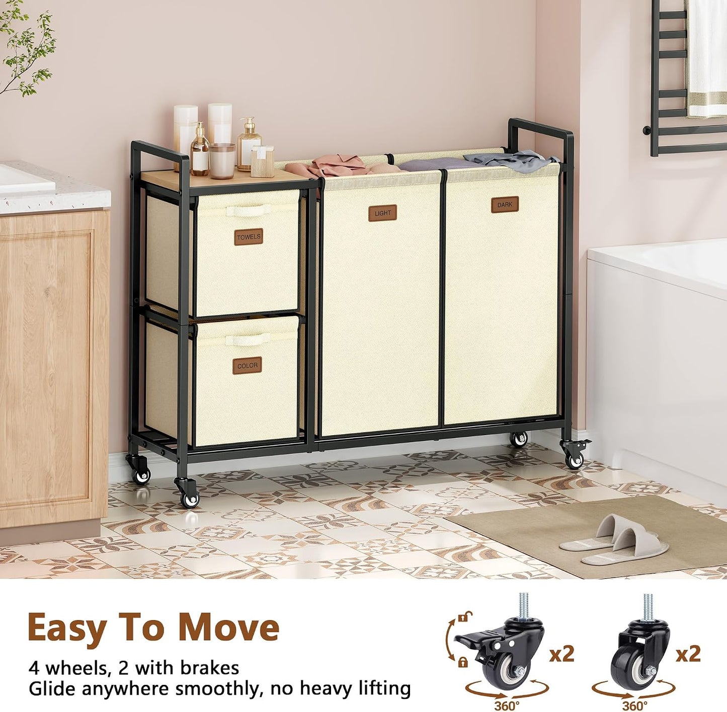 Hoctieon 4 Section Laundry Cart, 52.8 Gal. (200L) Laundry Hamper with Lid, Laundry Basket with Wheels, Rolling Laundry Sorter Organizer with Shelf, Clothes Separator with Removable Bags, Black