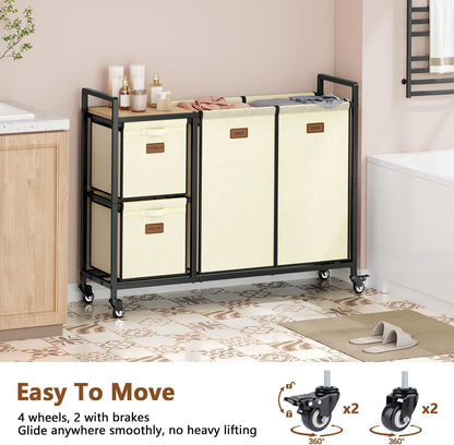 Hoctieon 4 Section Laundry Cart, 52.8 Gal. (200L) Laundry Hamper with Lid, Laundry Basket with Wheels, Rolling Laundry Sorter Organizer with Shelf, Clothes Separator with Removable Bags, Black