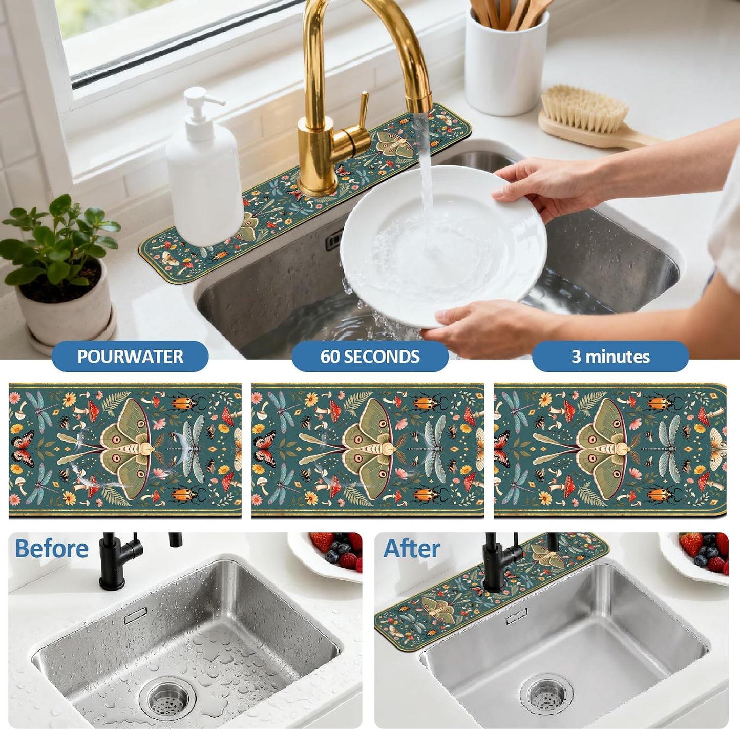 2 Pcs Kitchen Sink Splash Guard Faucet Mat Wood Grain Pattern Faucet Mat for Sinks Natural Wood Color Absorbing Drying Mats for Kitchen Bathroom, 23.6x5.5inch