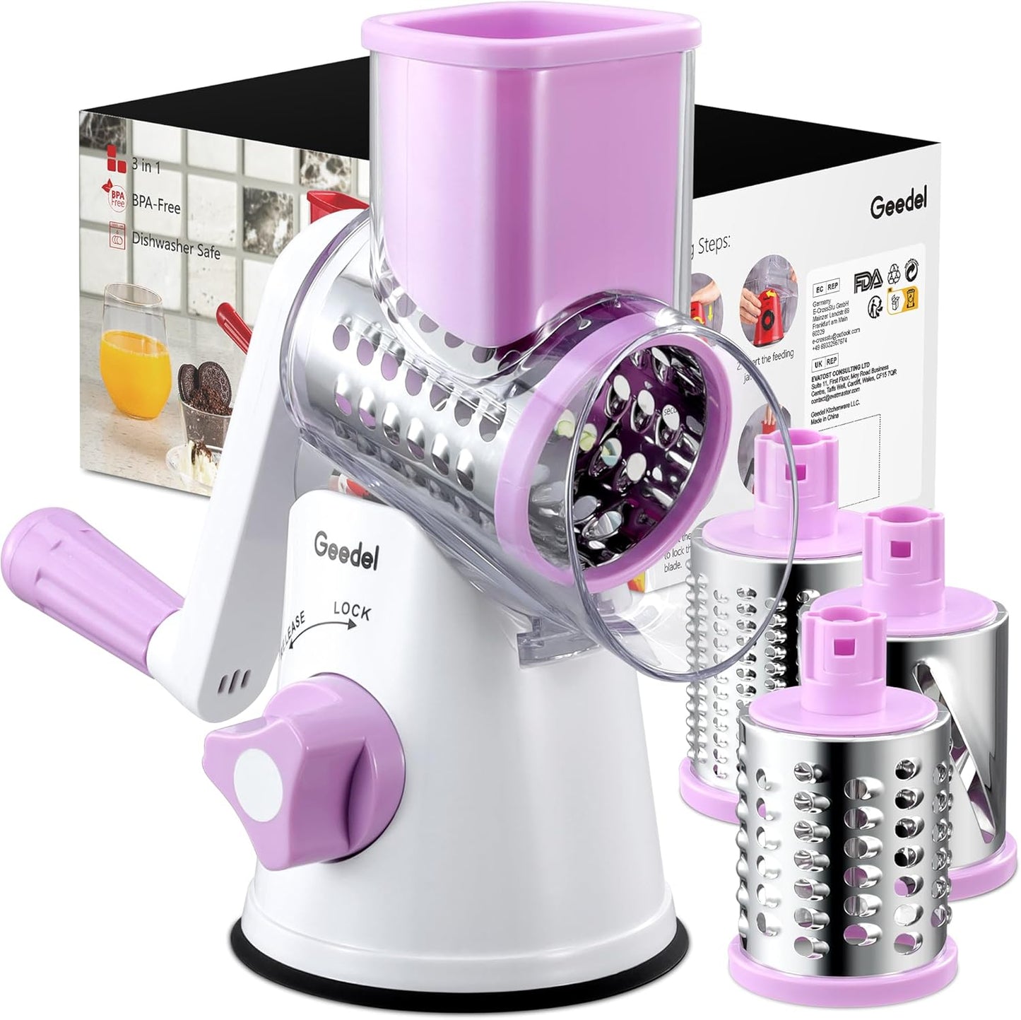 Geedel Rotary Cheese Grater, Kitchen Mandoline Vegetable Slicer with 3 Interchangeable Blades, Easy to Clean Rotary Grater Slicer for Fruit, Vegetables, Nuts | 3 Blades, 430 Stainless Steel, 12x Fast Cutting, Strong Suction Base, No BPA, Dishwasher Safe,