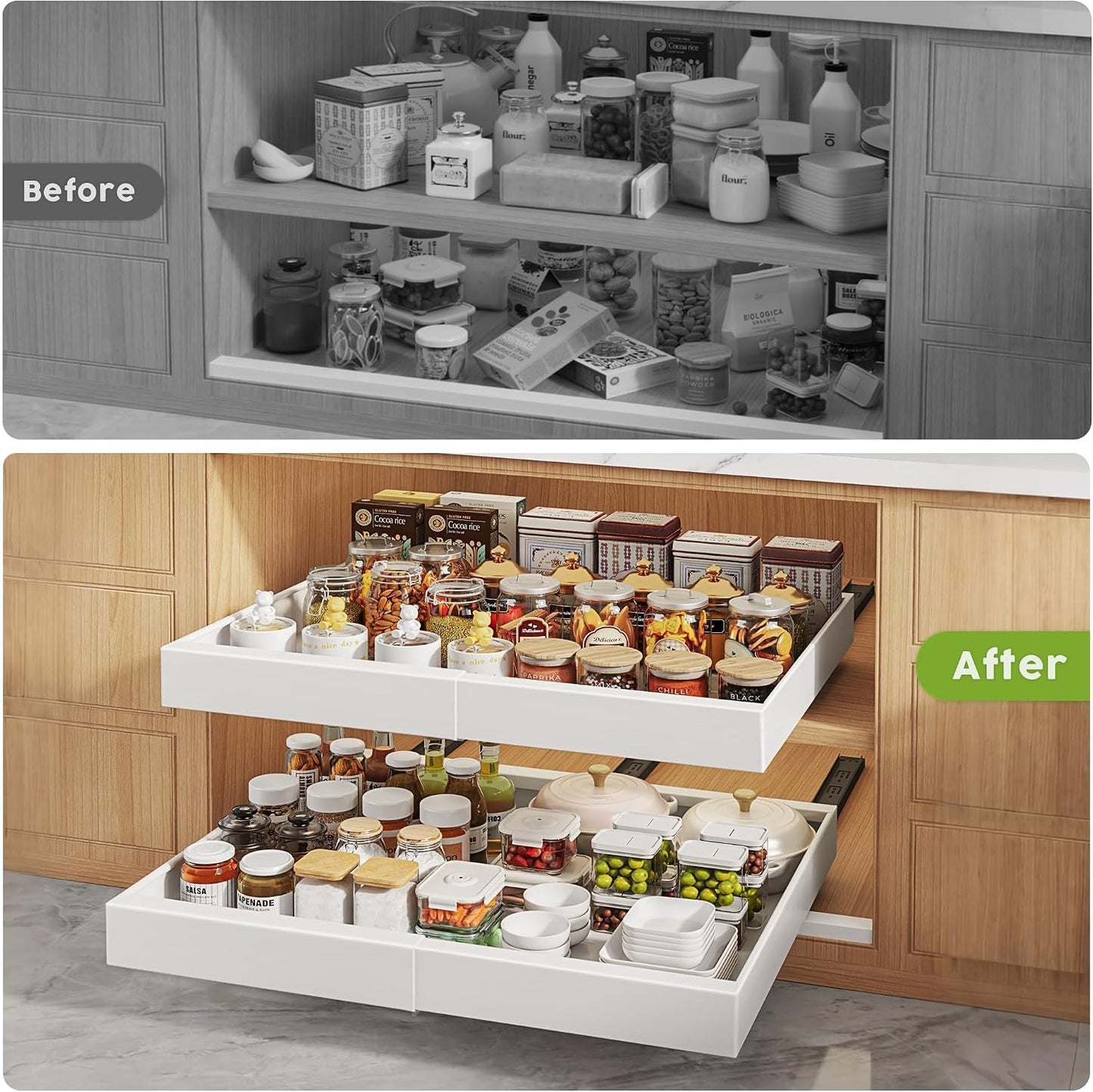 Seinloes 2 Pack Pull Out Cabinet Organizers 21"Deep with Raising Pad for Framed Cabinets,Expandable Slide Out Drawers Upgrade 3 Slide Rails,Roll Out Shelves Adhesive,Adjustable Width 12"-20.45" White