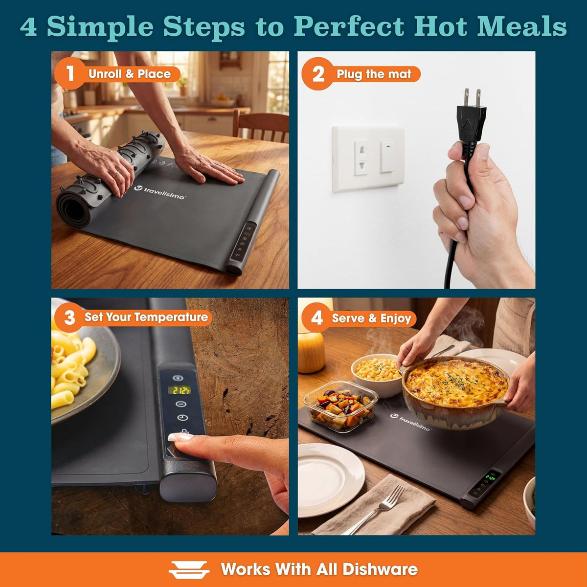 TRAVELISIMO Warming Mat for Food, 24x16in Warming Trays for Buffets Party & Family Dinners - Food Warming Mat Keeps Meals Warm & Ready to Serve, Rapid Heating Electric Warming Tray for Any Table