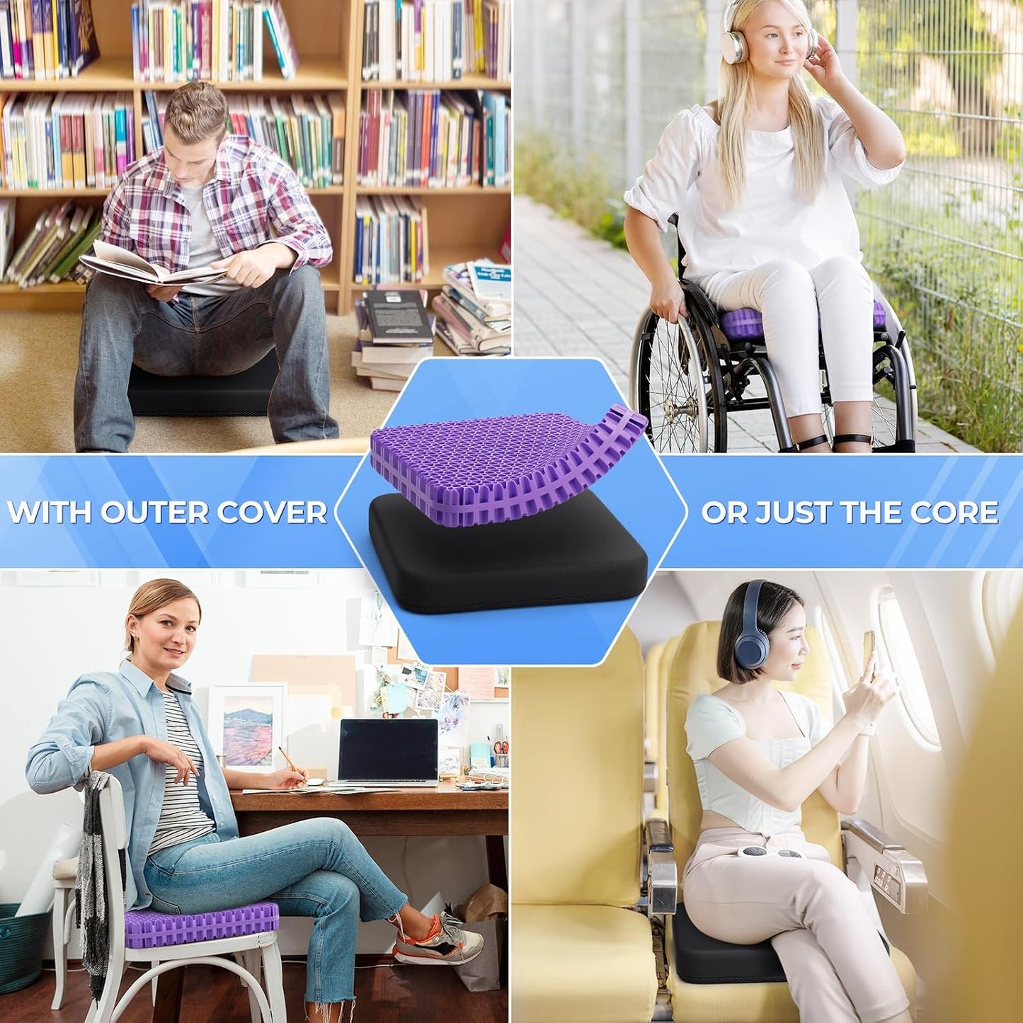 TushGuard Gel Seat Cushion for Long Sitting, Breathable Thick Patent Design | Enlarged Cooling Chair Pad for Office, Wheelchair, Soft Car Cushion for Back, Hip, Sciatica (Standard, Black+Violet)