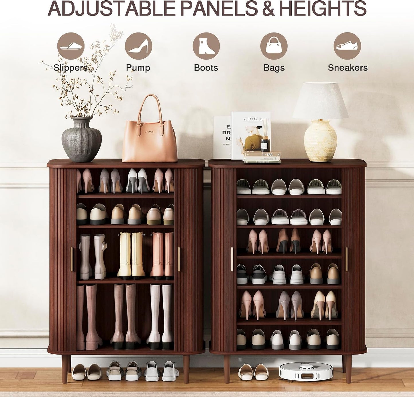 DHH Shoe Storage Cabinet with Sliding Door, 6-Tier Shoe Cabinet with Adjustable Shelves, Modern Freestanding Shoe Storage Organizer for Entryway, Hallway, Living Room (Walnut, 47 ")