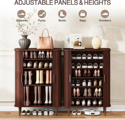 DHH Shoe Storage Cabinet with Sliding Door, 6-Tier Shoe Cabinet with Adjustable Shelves, Modern Freestanding Shoe Storage Organizer for Entryway, Hallway, Living Room (Walnut, 47 ")