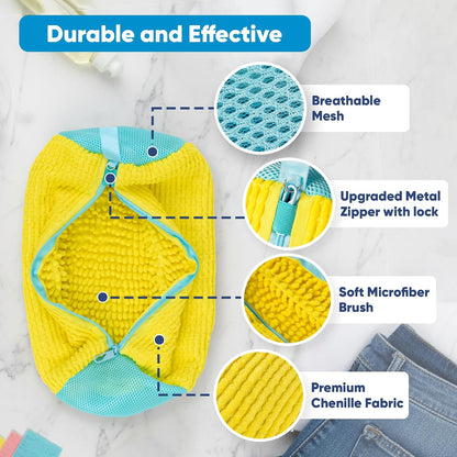 Shoe Washing Machine Bag – 2 Pcs Reusable Laundry Shoe Bag, 360° Deep Cleaning Sneaker Washing Bag, Durable Mesh Net with Zipper Protection, Fits All Shoe Types & Sizes (2 PCS Yellow)