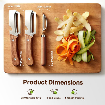 3-Pack Multi-Functional Vegetable Peeler for Kitchen Fruit Potato | 2026 Upgraded Ultra Sharp Stainless Steel Peelers with Ergonomic Wood Handle for Apple, Carrot, Pumpkin & kitchen Cooking