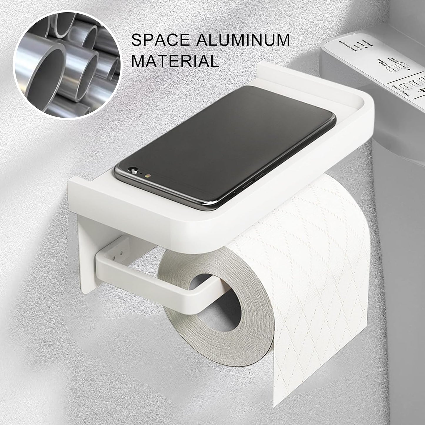 Toilet Paper Holder with Phone Shelf, Adhesive or Screw Wall Mount Toilet Tissue Roll Holder-White