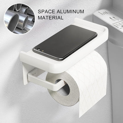 Toilet Paper Holder with Phone Shelf, Adhesive or Screw Wall Mount Toilet Tissue Roll Holder-White