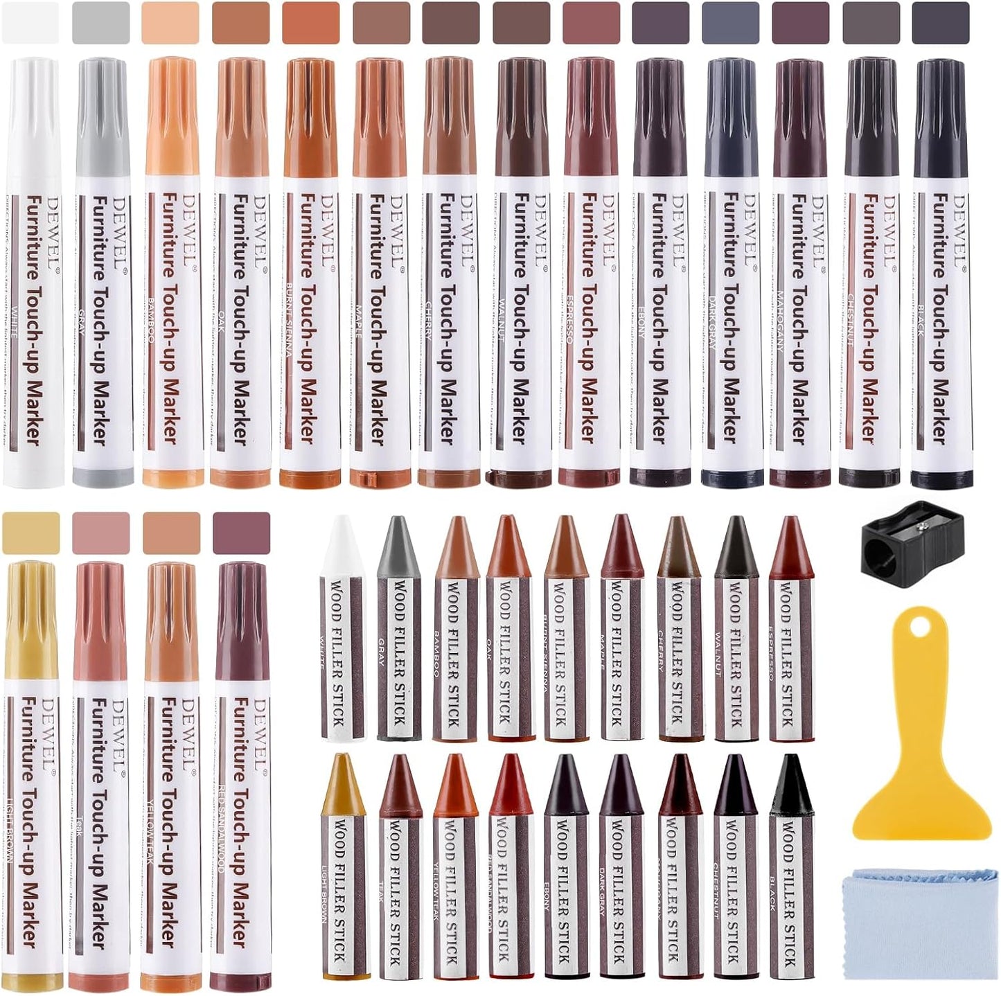 DEWEL Wood Furniture Repair Kit, New Upgrade Wood Fillers, Furniture Touch Up Markers, Wax Sticks, Wood Putty with Beeswax for Cracks, Wood Hole, Scratches, Floor, Table, Door