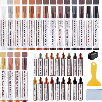 DEWEL Wood Furniture Repair Kit, New Upgrade Wood Fillers, Furniture Touch Up Markers, Wax Sticks, Wood Putty with Beeswax for Cracks, Wood Hole, Scratches, Floor, Table, Door