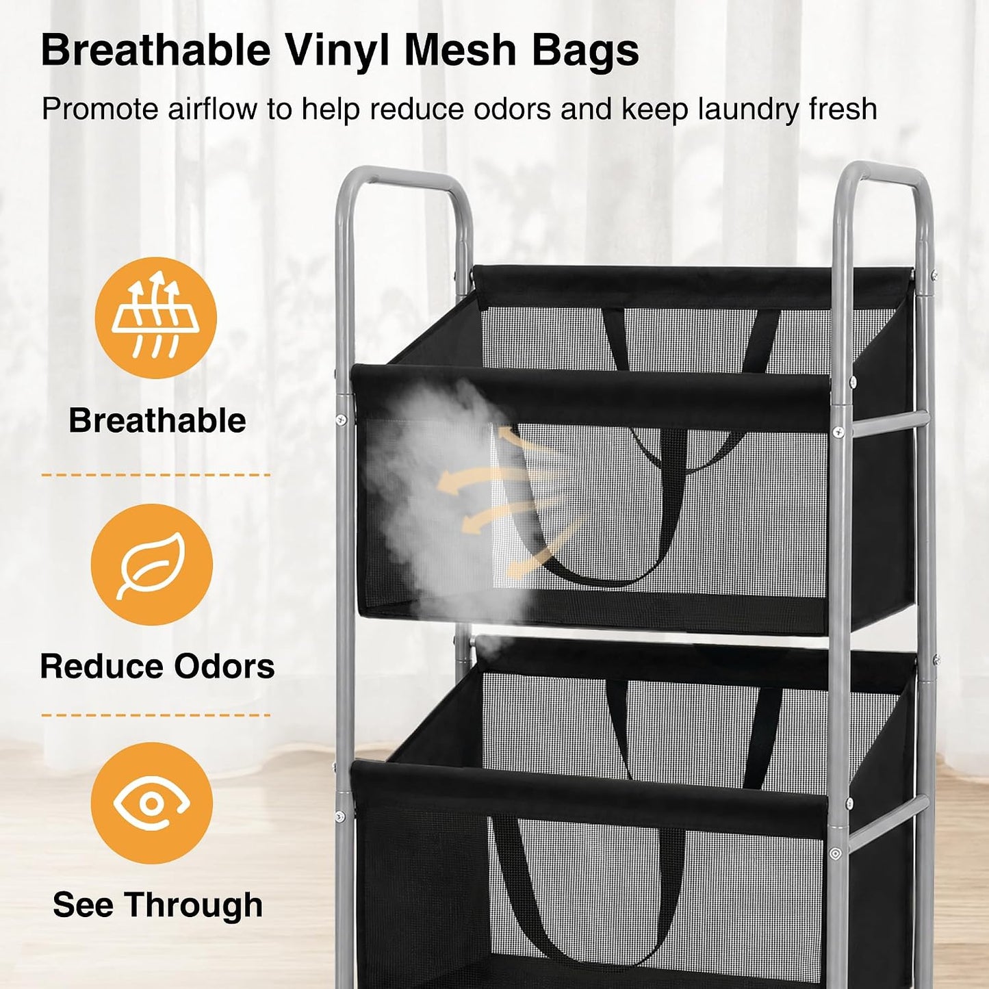 STO STO 3-Tier Vertical Rolling Laundry Hamper, Removable Bags, Black Mesh | 120L Capacity, Space-Saving Vertical Design, Rust-Resistant Steel Frame, Lockable Wheels, Ideal for Apartments & Small Spaces