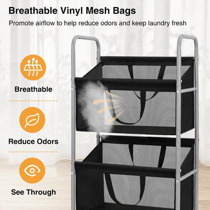 STO STO 3-Tier Vertical Rolling Laundry Hamper, Removable Bags, Black Mesh | 120L Capacity, Space-Saving Vertical Design, Rust-Resistant Steel Frame, Lockable Wheels, Ideal for Apartments & Small Spaces