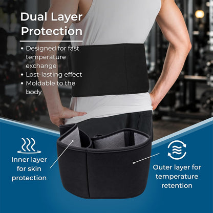 Cold and Hot Therapy Wrap, Black, Latex-Free, Non-Toxic, for Back, Abdomen, Hip, Sports Injury Prevention, Recovery (Back/Abdomen). kit Includes Flexible Gel Compress, Sleeve and Strap.