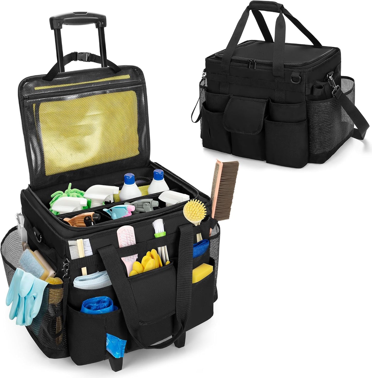 LoDrid Rolling Cleaning Caddy with Lid and Detachable Trolley, Black | Cleaning Supplies Organizer, Cleaning Caddy Cart on Wheels with Handle and Shoulder Strap for Housekeepers