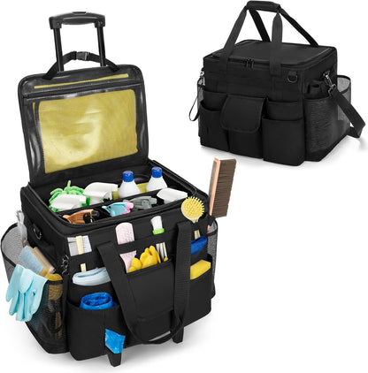 LoDrid Rolling Cleaning Caddy with Lid and Detachable Trolley, Black | Cleaning Supplies Organizer, Cleaning Caddy Cart on Wheels with Handle and Shoulder Strap for Housekeepers
