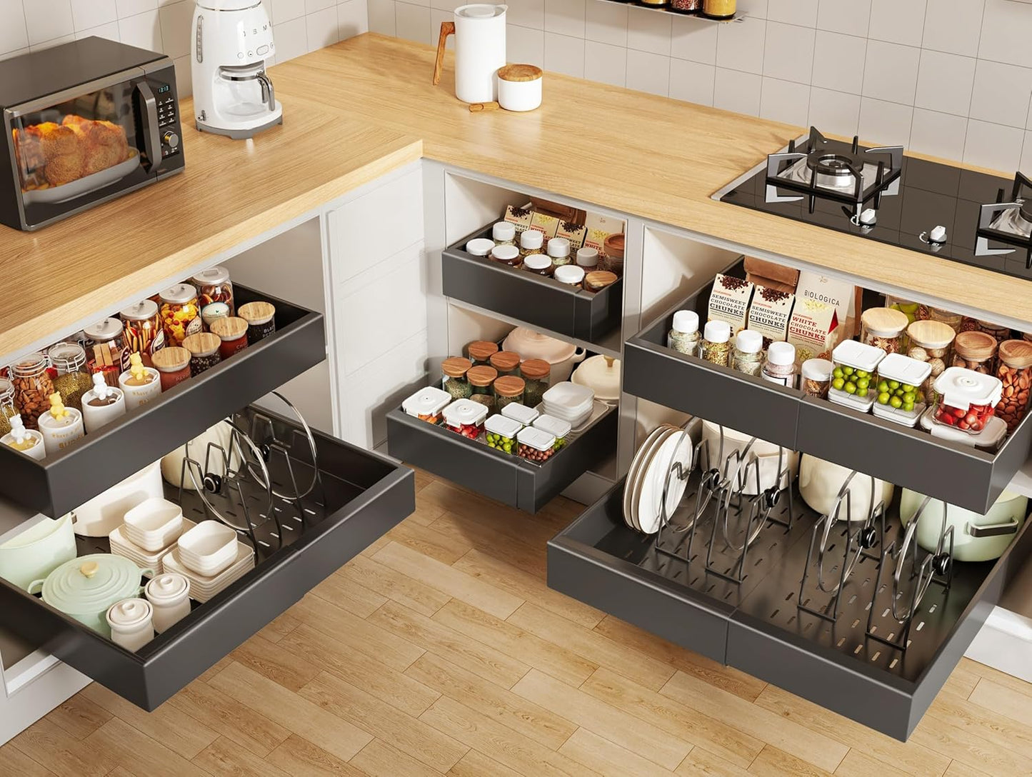 Seinloes 2Pack Pull out Cabinet Organizer 21"Deep with 4 Adjustable Dividers,Expandable（12.1"-20.4"W） Pots and Pans Organizer Under Cabinet with Raising Pad for Framed Cabinets,Slide out Drawers,White