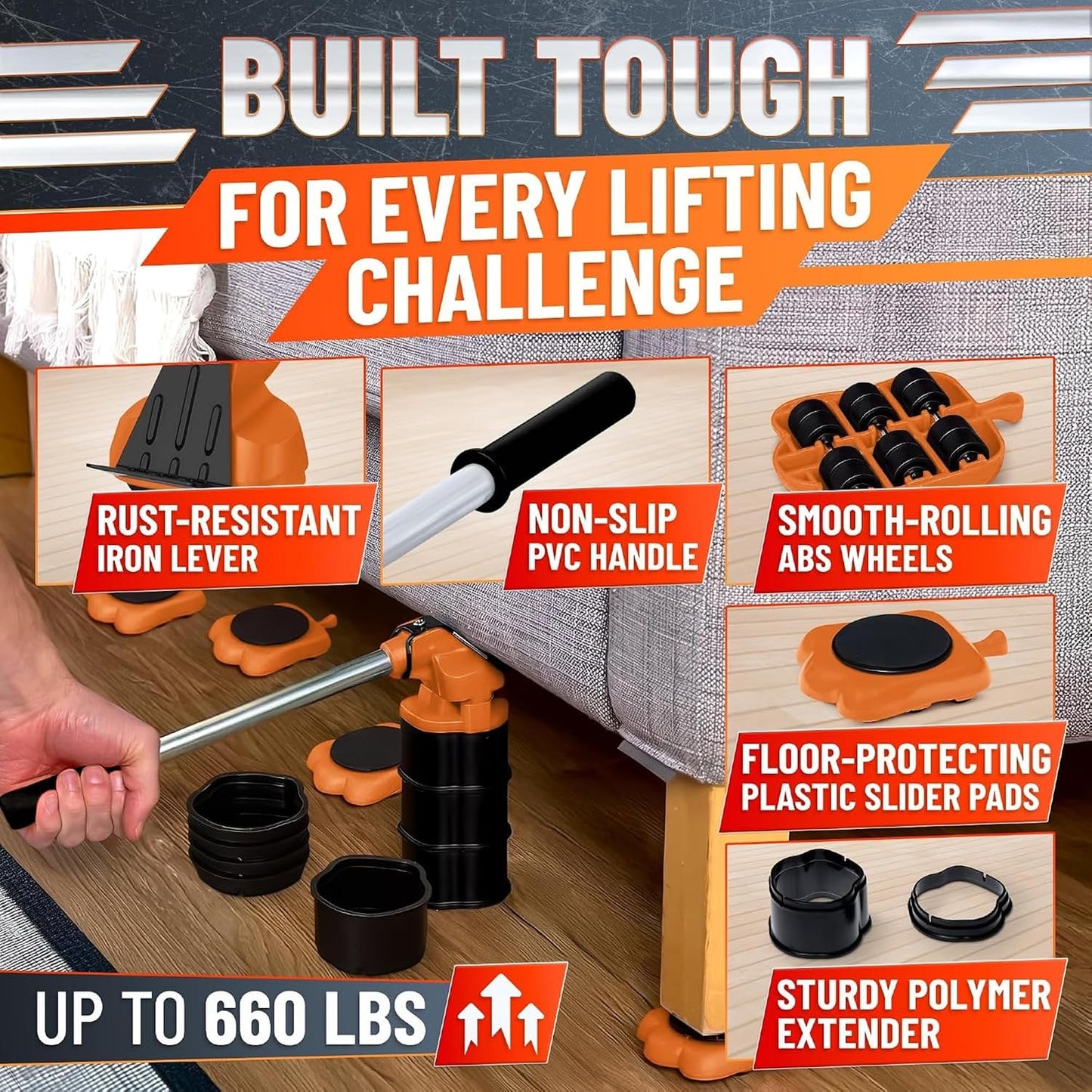 Furniture Lifter Tool with 4 Pcs Appliance Movers Sliders, 660 Lbs | Heavy Duty Furniture Moving Kit with Lifting Extender Included - Slides Refrigerators, Stoves, and Couches Across the Floor