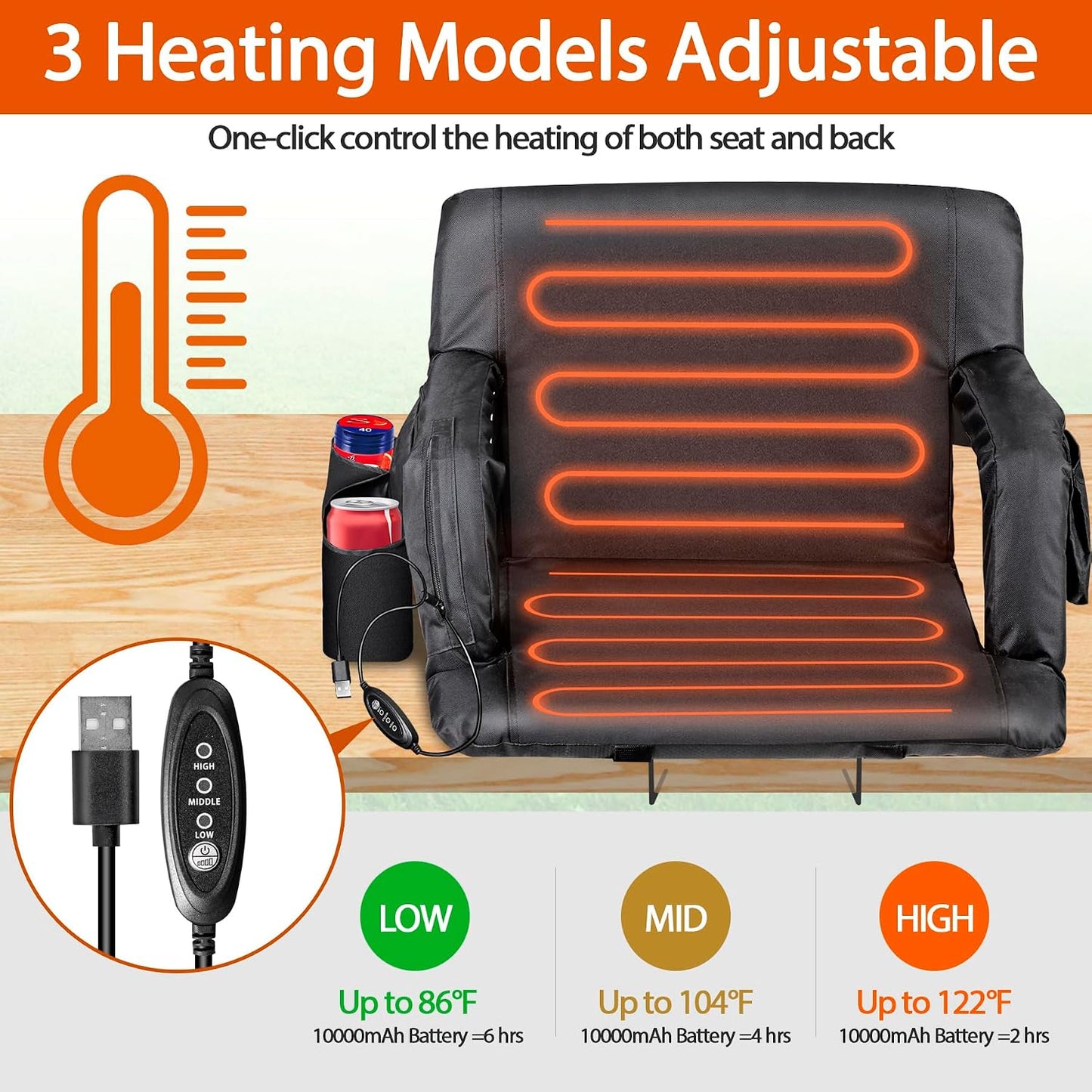 LEMY 20.5"/ 25" Wide Adjustable Stadium Seat for Bleachers Portable Water Resistant Stadium Chair with Back/Arms/Cushion for Outdoor or Indoor