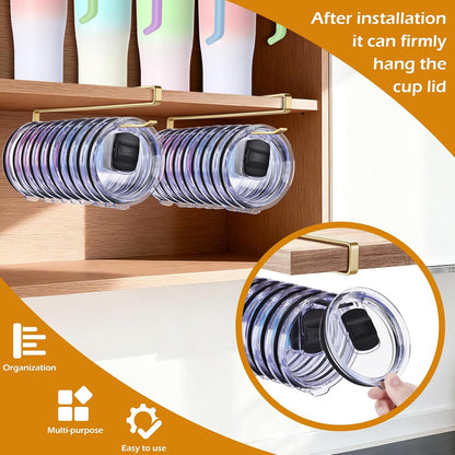 LWGFIO 2 Pack Tumbler Lid Organizer, Under Cabinet Cup Lid Holder, Black | Iron racks, 10.24-inch length, slide onto shelves, no drilling or adhesive, space-saving kitchen storage inside cabinets