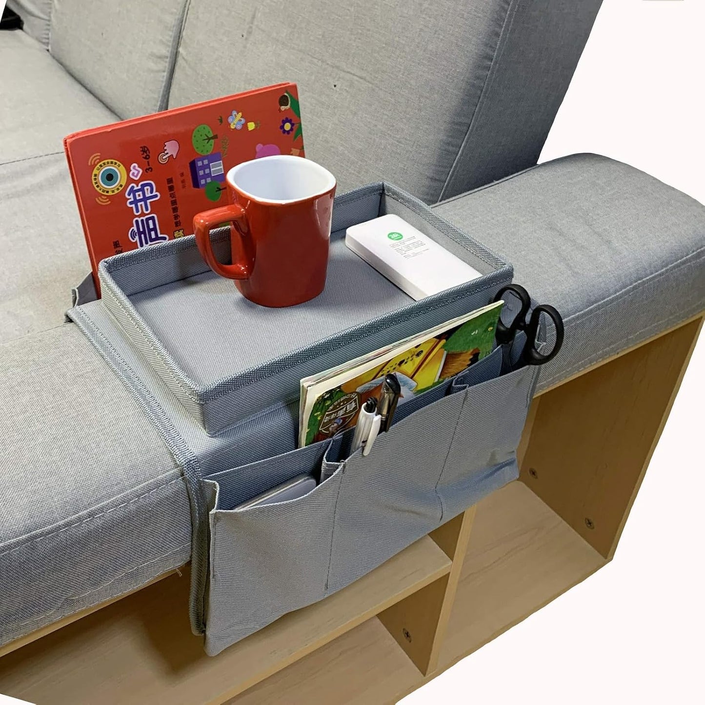 Sofa Armrest Organizer, Couch TV Remote Storage Organizer with Pockets for Recliner Armchair Snacks Glasses Smartphone Magazines Pouch (Black)