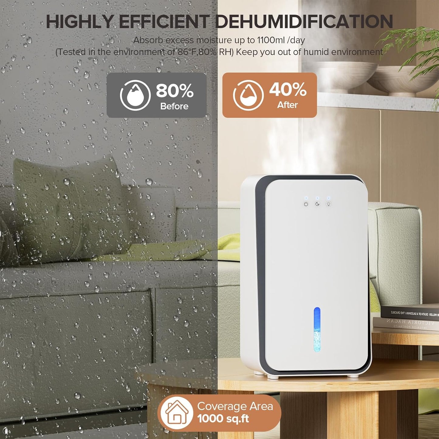 1000 sq.ft Dehumidifier for Home, Dehumidifiers for Basement, Bathroom, Bedroom with Auto Shut Off and Drain Hose, Built-in Aromatherapy Diffuser, 7 Colors LED Light, Quiet Sleep Mode(CS08-Cream)
