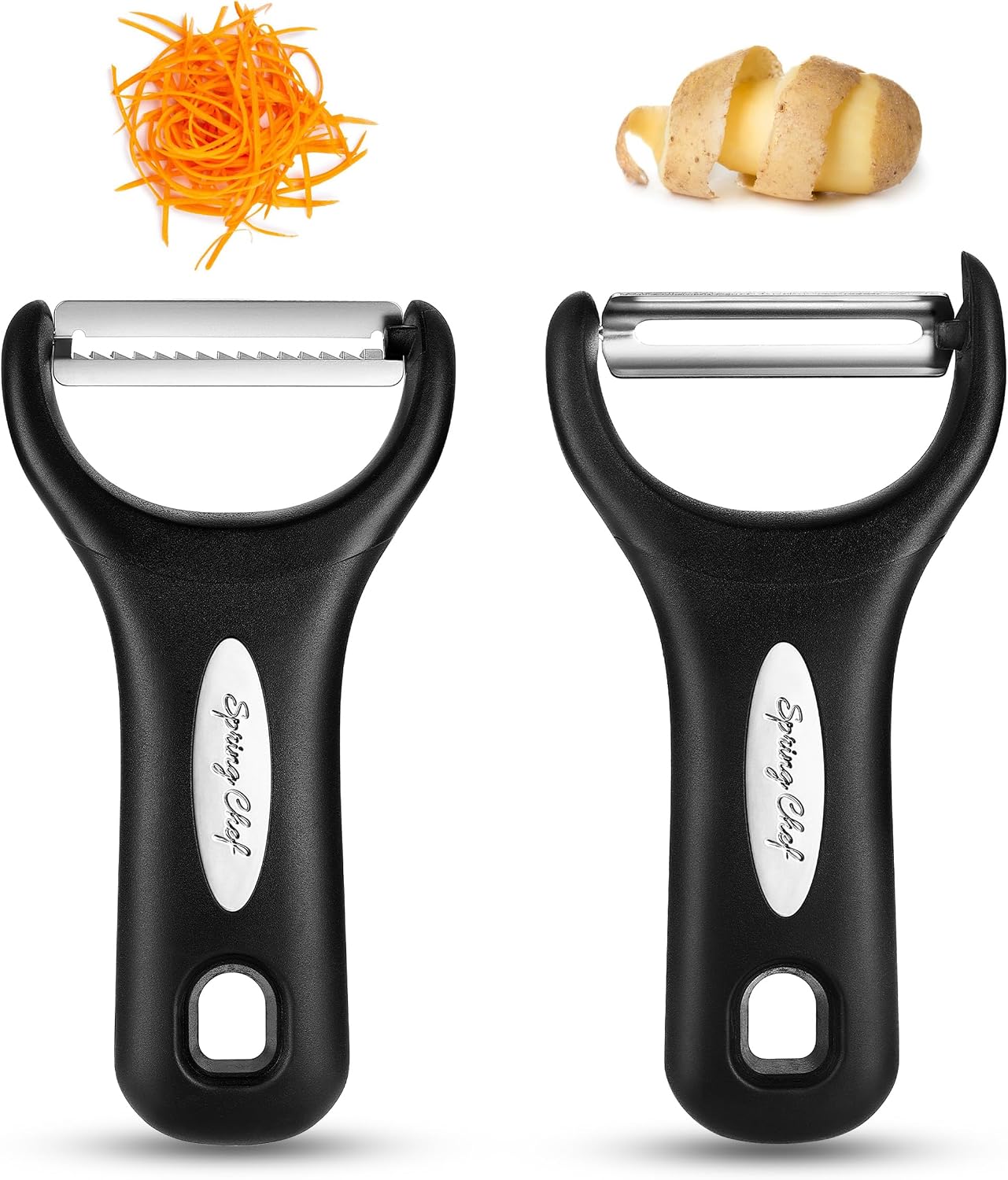 Spring Chef Swivel Potato Peeler & Julienne Vegetable Peeler w/Soft Handle | Premium Multifunctional Peelers for Kitchen with Sharp Stainless Steel Blades & Blade Covers, Dishwasher Safe Veggie Peelers
