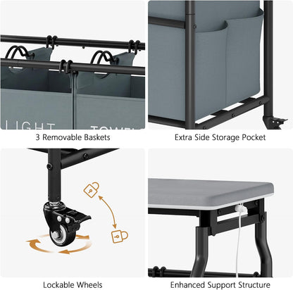 Hoctieon 3 Section Laundry Sorter with Iorning Board, Laundry Hamper, Black | Lockable Wheels, Laundry Basket Organizer with Wheels, Heavy Duty Clothes Organizer, Large Clothes Separator, Removable Bags