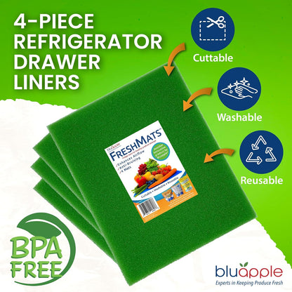 Bluapple FreshMats - Refrigerator Bin Liners, Fridge Drawer Mats - Keeps Produce Fresh Longer, Prevents Bruising, Promotes Air Circulation - BPA-Free Polyurethane Foam - (4-Piece Set, 12"x15", Green)