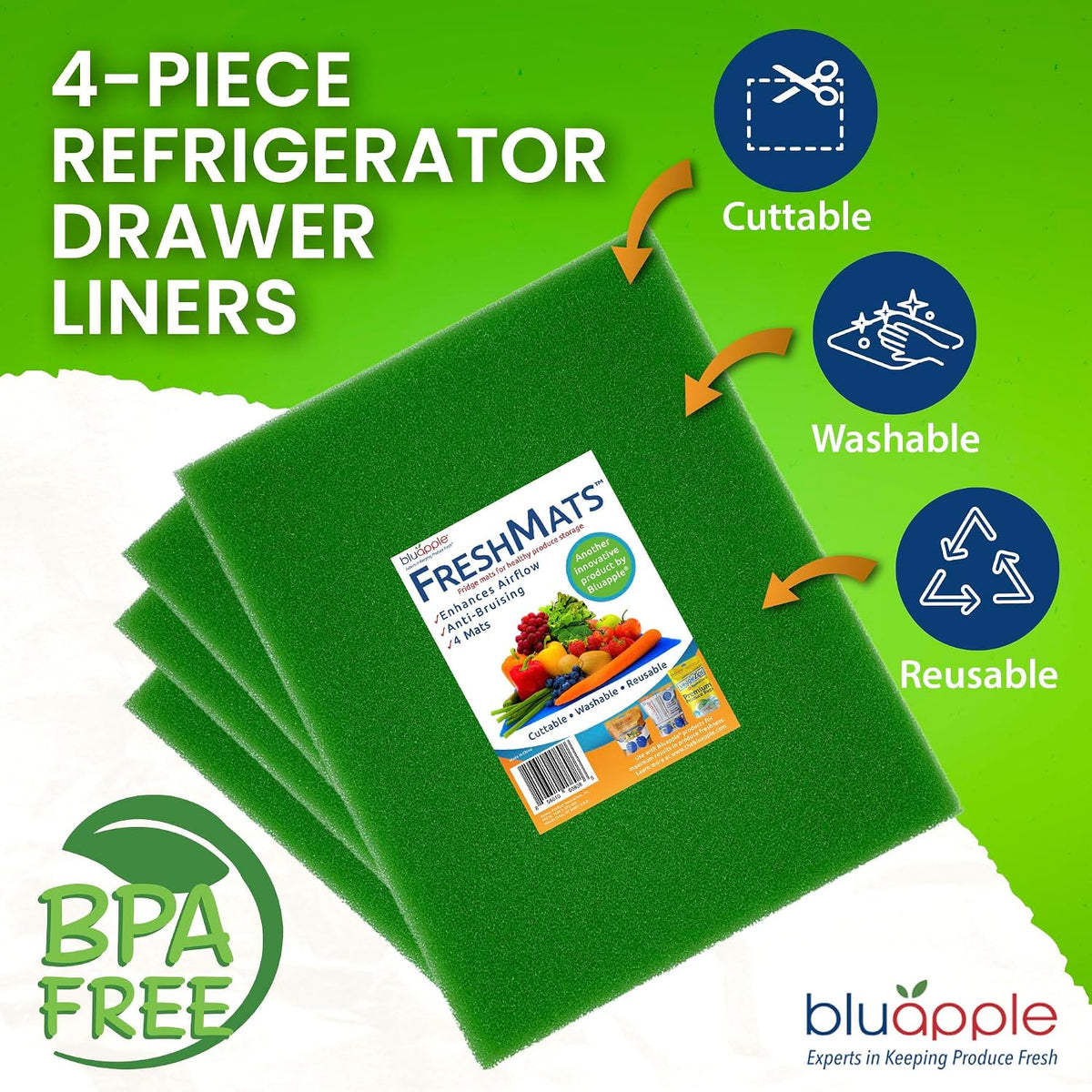 Bluapple FreshMats Fridge Bin Liners, Green, 12x15, Set of 4 Mats
