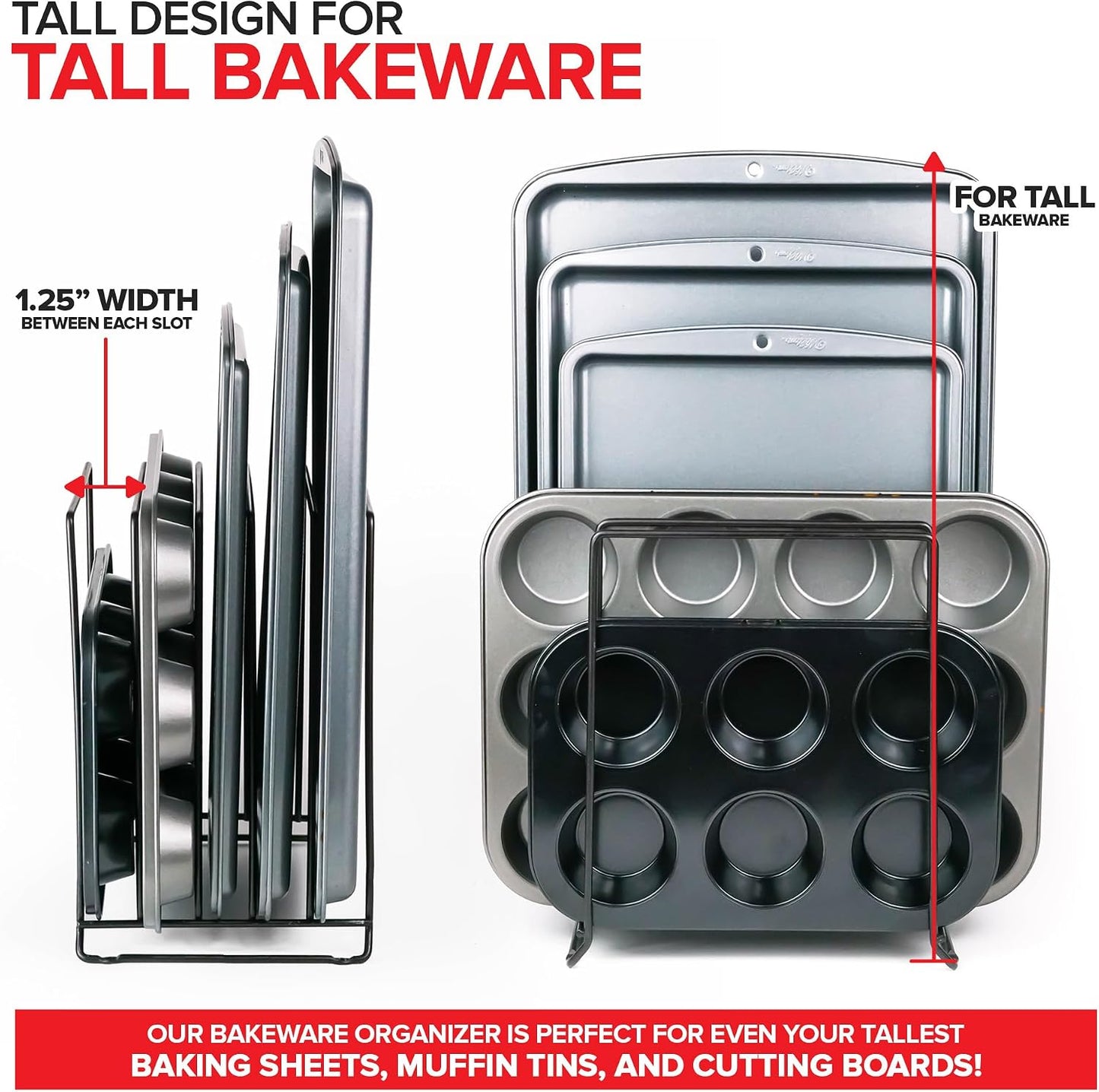 Stock Your Home Black (2 Pack) Extra Tall Steel Baking Pan Organizer Rack for Cabinet Storage or Kitchen Counter, Cookie Baking Sheet Organizer with Dividers, Muffin Tin and Cutting Board Holder