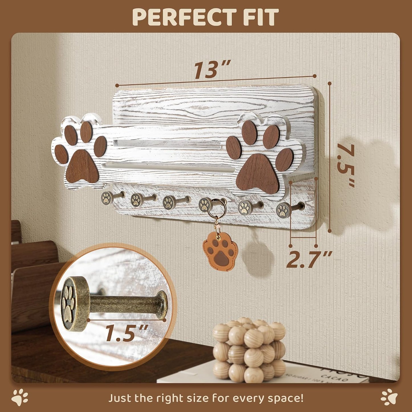 MTERSN Dog Leash Holder for Wall with Wall Shelf for Dog Lover, White | 3D Paw-print Design, Mail Holder for Wall with 6 Hooks for Dog Leash & Sunglasses, Put Dog Food Container, Rustic Home Decor