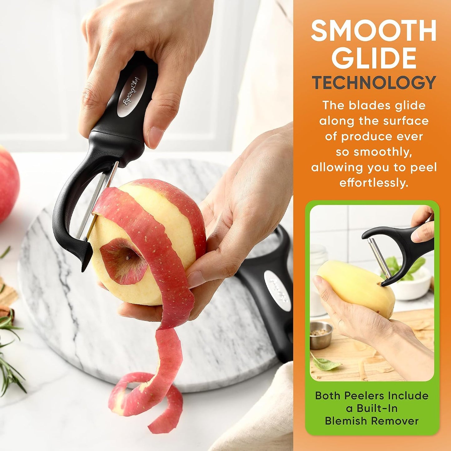 Spring Chef Swivel Potato Peeler & Julienne Vegetable Peeler w/Soft Handle | Premium Multifunctional Peelers for Kitchen with Sharp Stainless Steel Blades & Blade Covers, Dishwasher Safe Veggie Peelers