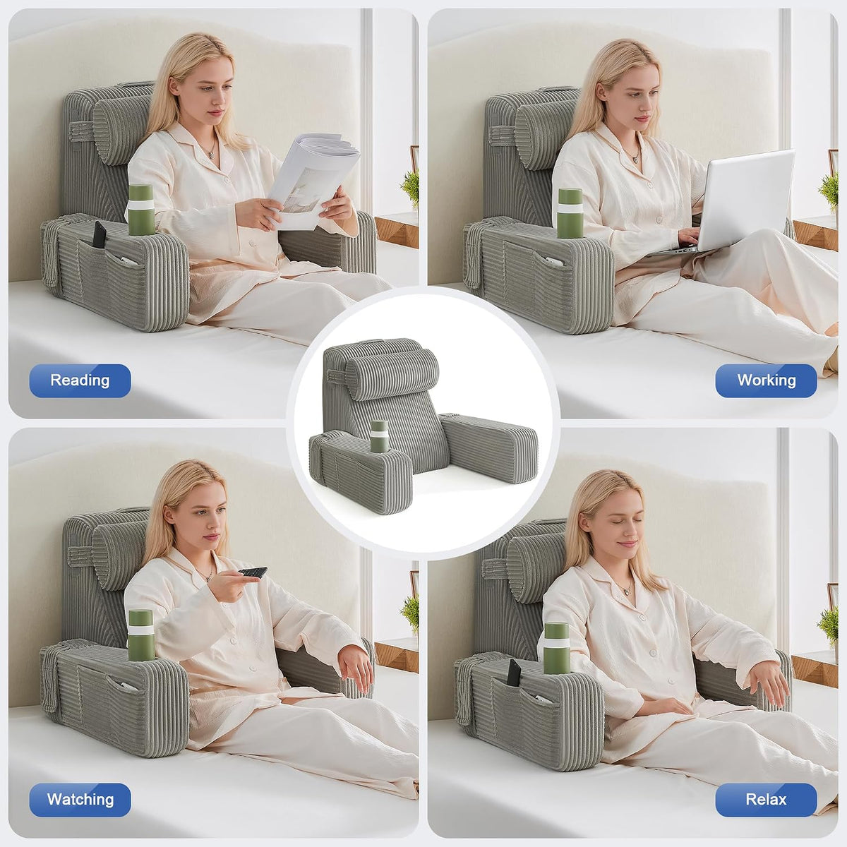 Reading Pillow for Sitting in Bed Adult, Back Pillow for Bed Sitting up with Arms, Pockets and Cup holder, Sit Up Backrest Pillows for Beds Chair Support, Rest Pillow for Gaming (Light gray)