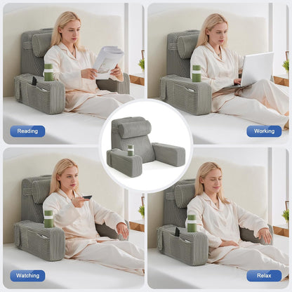 Reading Pillow for Sitting in Bed Adult, Back Pillow for Bed Sitting up with Arms, Pockets and Cup holder, Sit Up Backrest Pillows for Beds Chair Support, Rest Pillow for Gaming (Light gray)