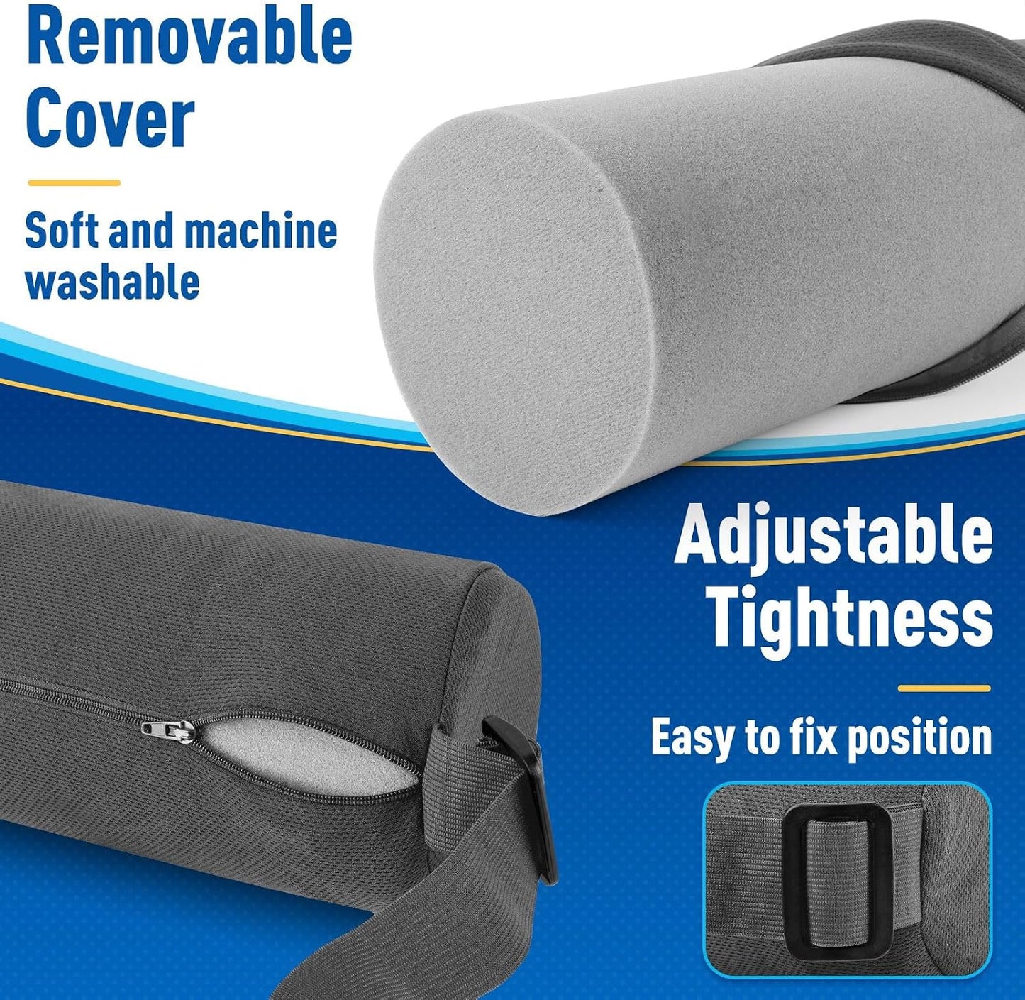 CushZone Lumbar Roll Support Pillow, Memory Foam Back Cushion, Black | Helps Relieve Back Pain & Supports Posture,Adjustable Strap Fits Office,Car & Gaming Chairs,Washable Cover
