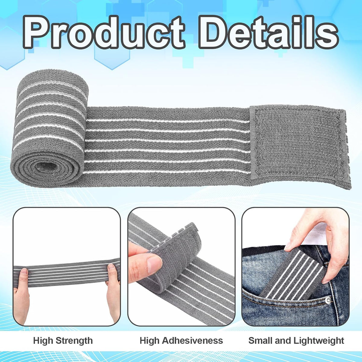 Geiserailie Ice Pack Strap Stretchable, 4 Size Elastic Reusable Ice Belt Extender, Adjustable Hook and Loop Extension Straps Add Length to Most Hot Cold Therapy (Blue)