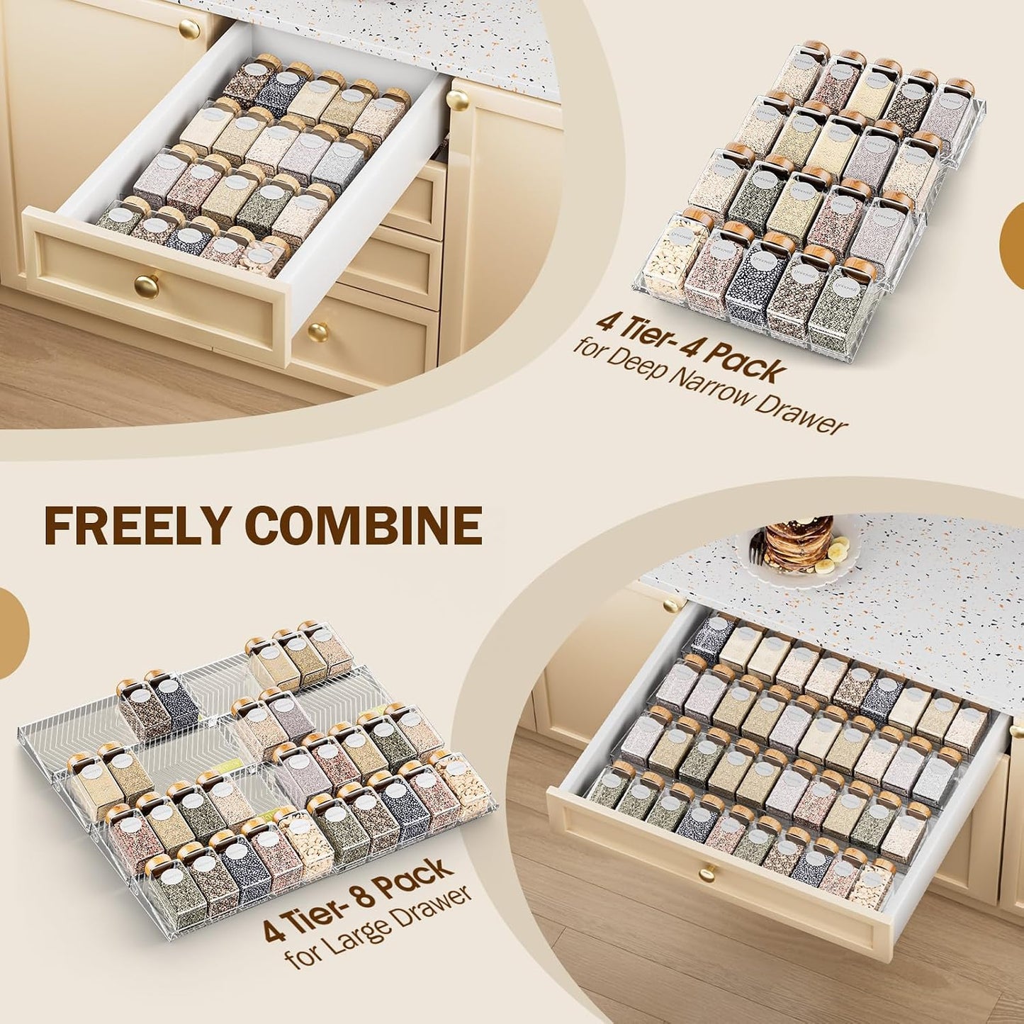 Spice Drawer Organizer, 8 Pack Clear Seasoning Organizer Rack | Expandable From 11" to 22" Wide, Kitchen Spice Rack Organizers for Drawer, Countertop, (Jars Not Included)