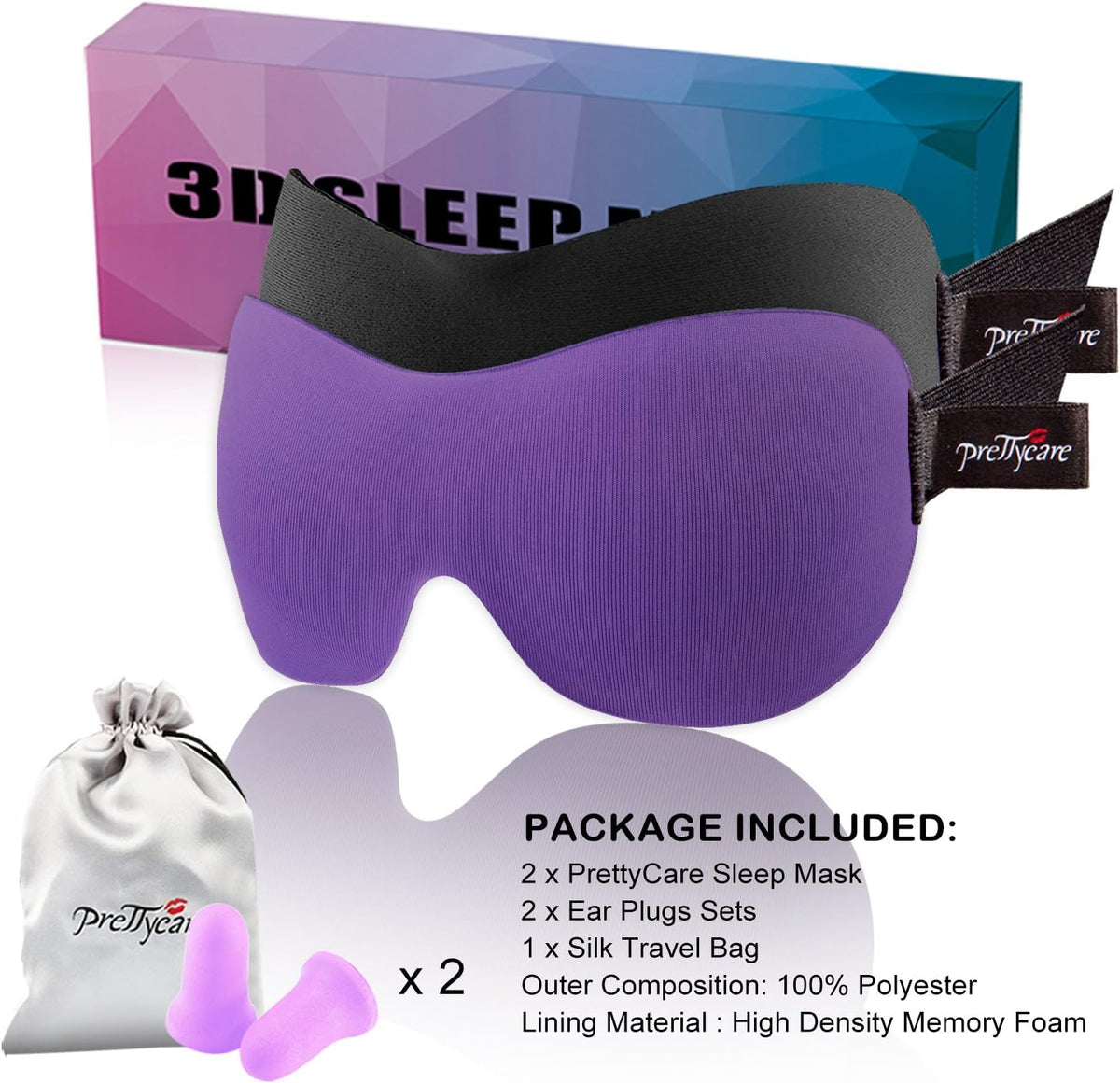 PrettyCare 3D Sleep Mask 2 Pack,Eye Mask for Side Sleeper 3D Contoured Sleeping Mask Blackout Out for Men- Blindfold Airplane with Ear Plugs, Night Masks with Travel Bag (Black&Blue)