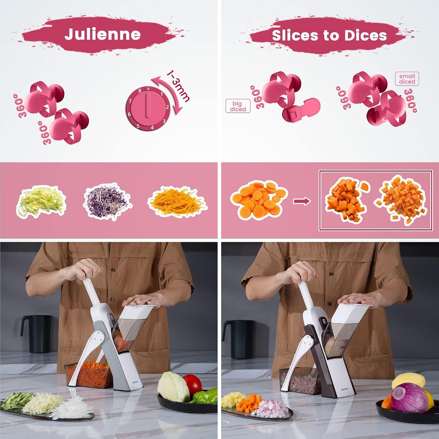 SupMaKin Safe Mandoline Slicer for Kitchen,Adjustable Potato Slicer 1-8 mm | 4 Modes Slice, Strips,Julienne Dicer,Vegetables Slicer Fry Food Cutter,Stainless Steel Blades, Foldable Dishwasher Safe,Gifts