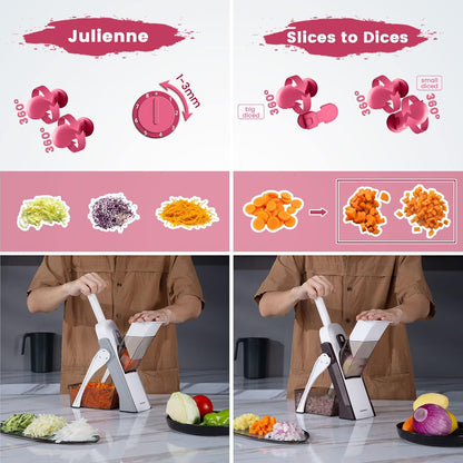 SupMaKin Safe Mandoline Slicer for Kitchen,Adjustable Potato Slicer 1-8 mm | 4 Modes Slice, Strips,Julienne Dicer,Vegetables Slicer Fry Food Cutter,Stainless Steel Blades, Foldable Dishwasher Safe,Gifts