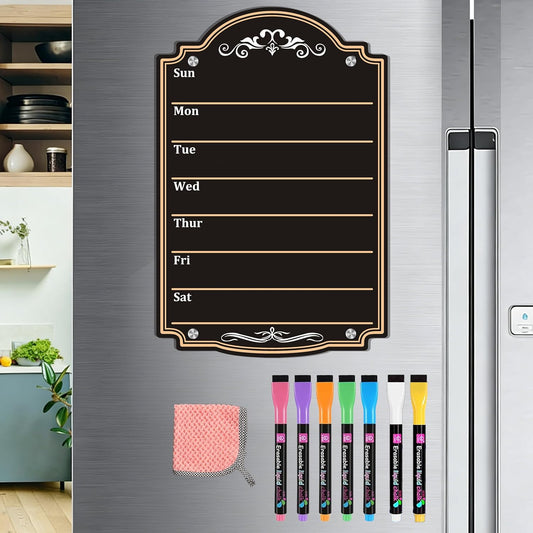 Acrylic Magnetic Dry Erase Board Calendar for Fridge 12" x 8" Black Weekly Planner Whiteboard for Refrigerator Magnet Planning Calendars to Do List Family House Kitchen Decor with 7 Colors Markers