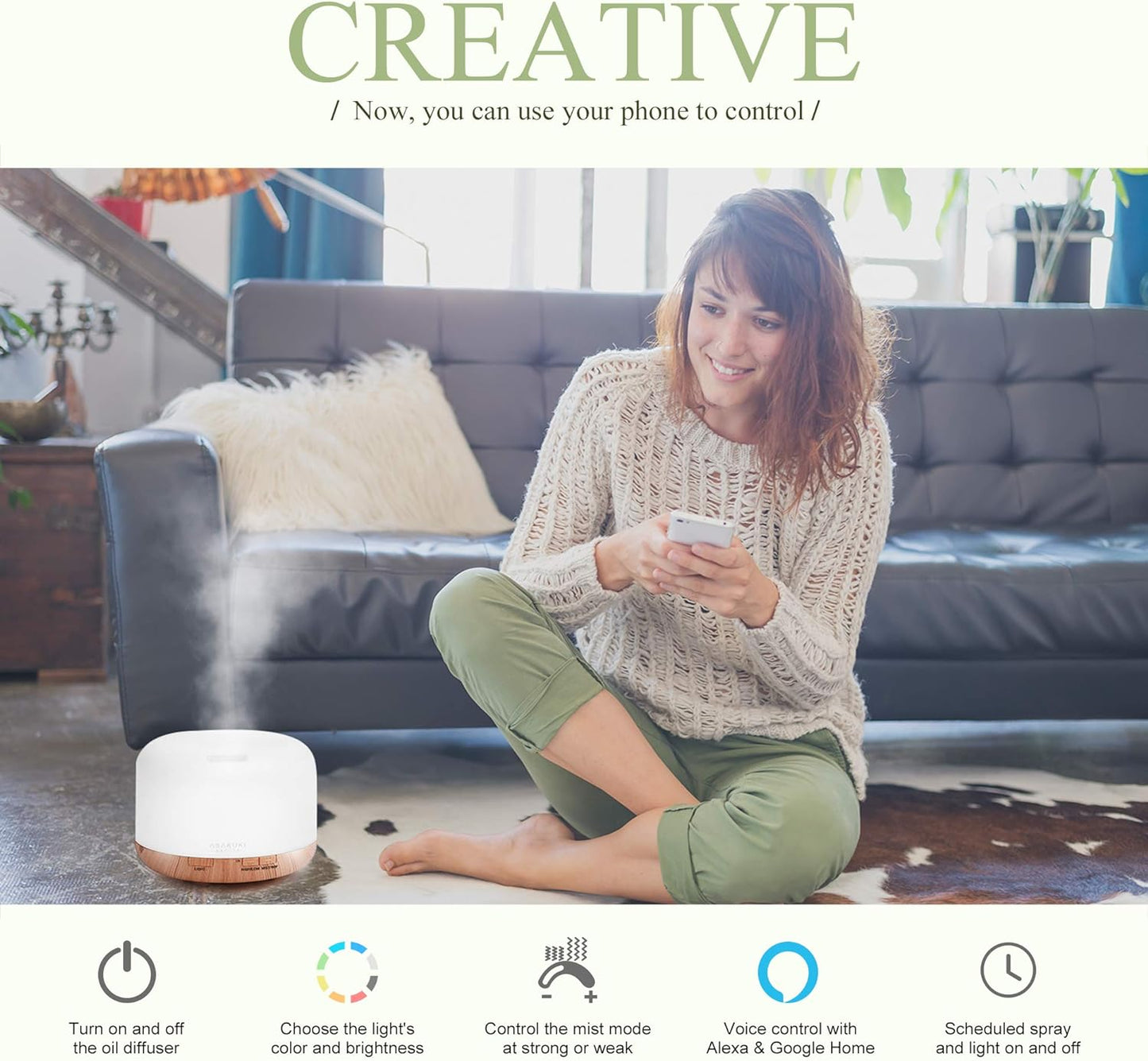 ASAKUKI Essential Oil Diffuser for Home, 500ML Aromatherapy Diffuser Humidifier with Remote Control, 7 Color LED Lights, Quiet Cool Mist Diffuser for Bedroom, Living Room, Office (White)