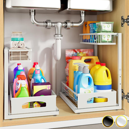 Under Sink Organizer, 2-Pack L-Shaped Metal Pull-Out Drawers for Kitchen | Cabinet Organizer Height Adjustable Heavy Duty Metal 2-Tier Storage Fits Beside Common Pipes for Bathroom Pantry