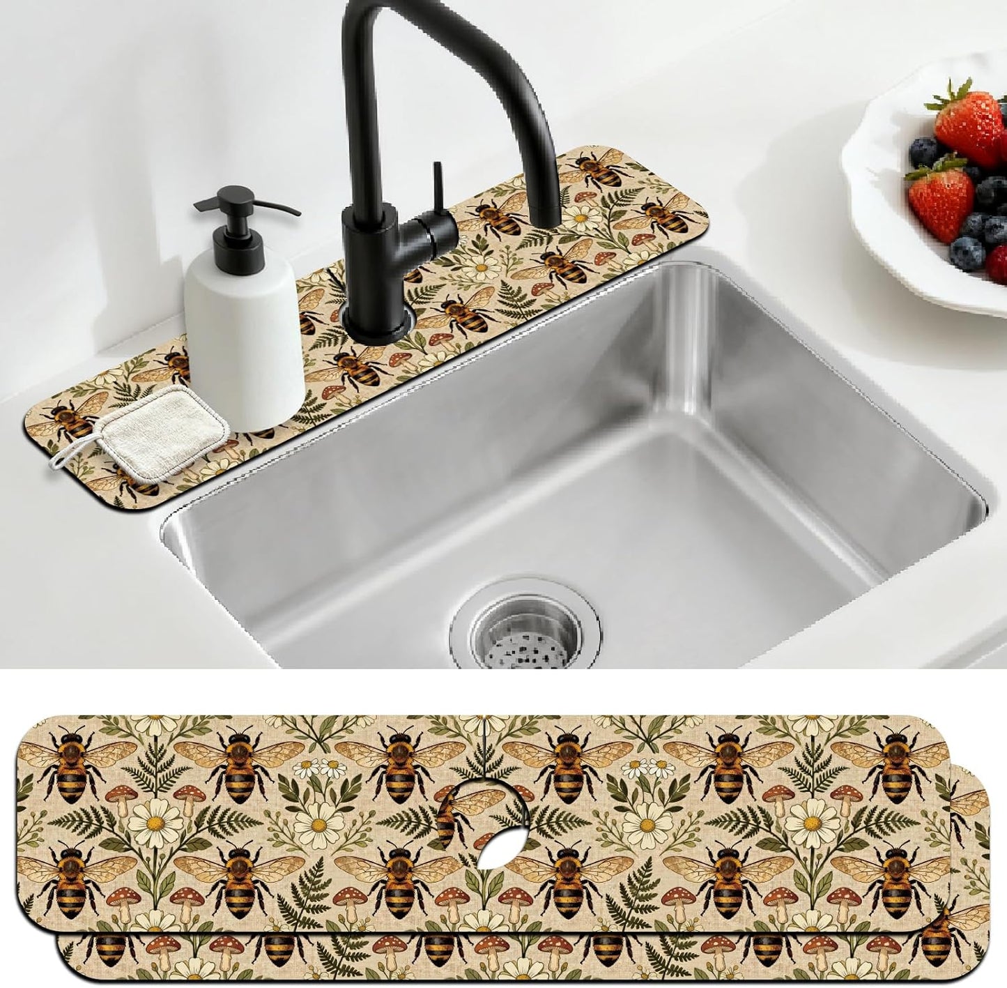 2Pcs Peonies Kitchen Sink Splash Guard Faucet Mat Vintage Florals Faucet Mat For Bathroom Kitchen 5.5x23.6In