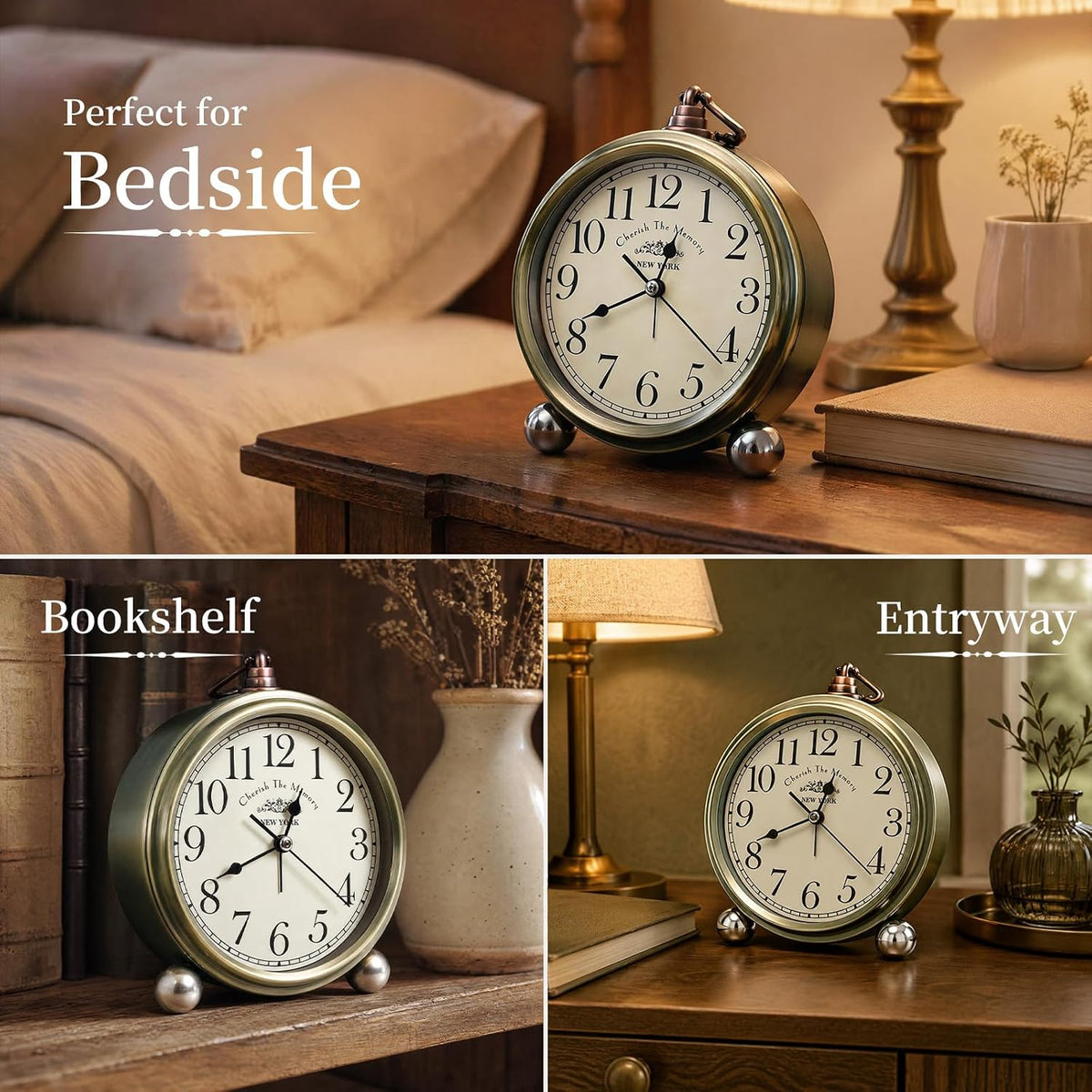 Metal Analog Alarm Clock - 5'' Battery Operated Silent Non-Ticking Quartz Antique Retro Small Desk Clocks for Bedside Bedrooms Living Room Office Home Decor (Bronze)