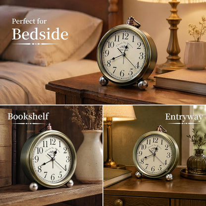 Metal Analog Alarm Clock - 5'' Battery Operated Silent Non-Ticking Quartz Antique Retro Small Desk Clocks for Bedside Bedrooms Living Room Office Home Decor (Bronze)
