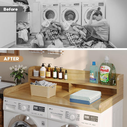 2-Tier Washer Dryer Countertop with 2.75" H Edge Rails, 54" W x 27.55" D Laundry Countertop for Folding Clothes, Washer and Dryer Topper with Non-Slip Pad (Dark Walnut)
